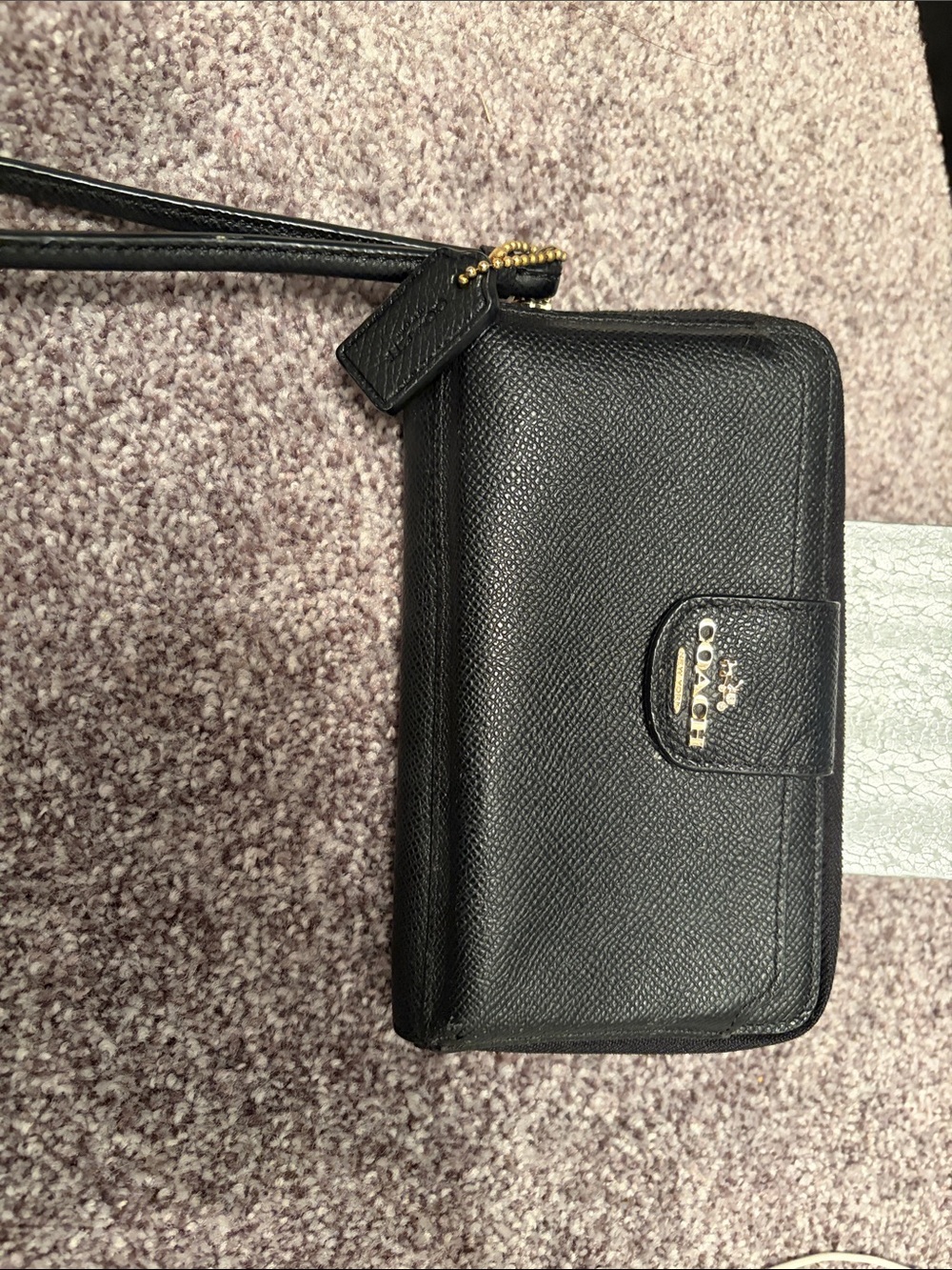 Coach Black Pebbled Leather Wristlet with Gold Accent